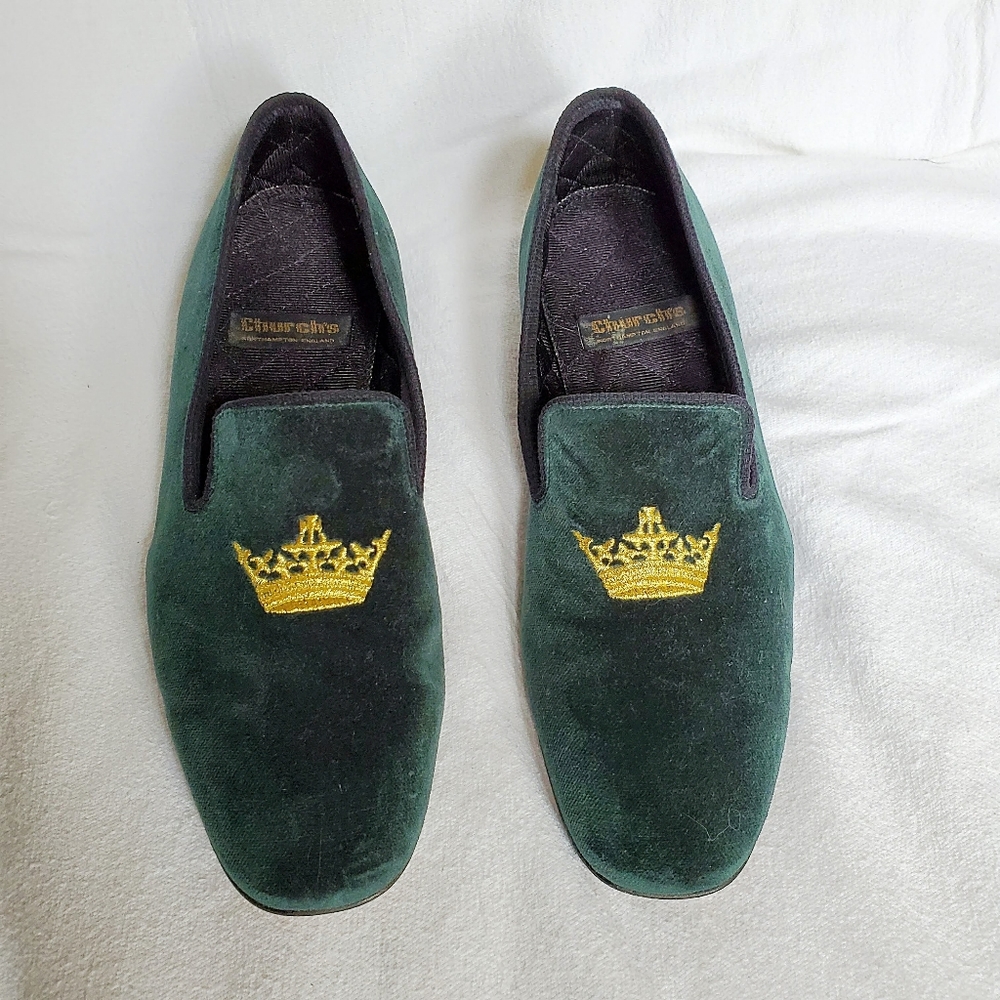 Church's Sovereign Crown Velvet Green Slipper Sz 9
